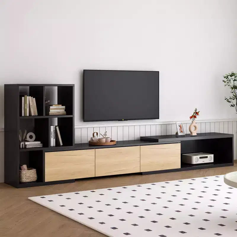 Extendable TV Stand with Bookshelves for 110 TV, Adjustable Entertainment Center with Storage Cabinets, Sliding Tabletop Media Console