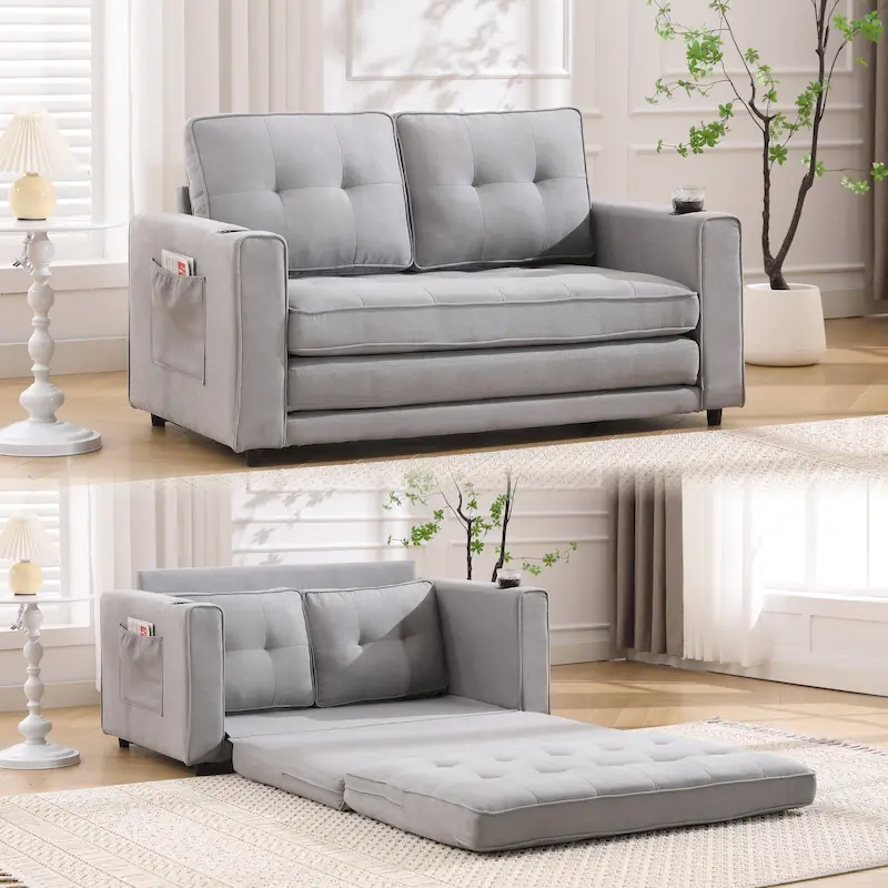 3-in-1 Foldable Tufted Loveseat Sofa Bed – Light Gray / Brown / Dark Gray / Beige, Side Pockets, Seats 2
