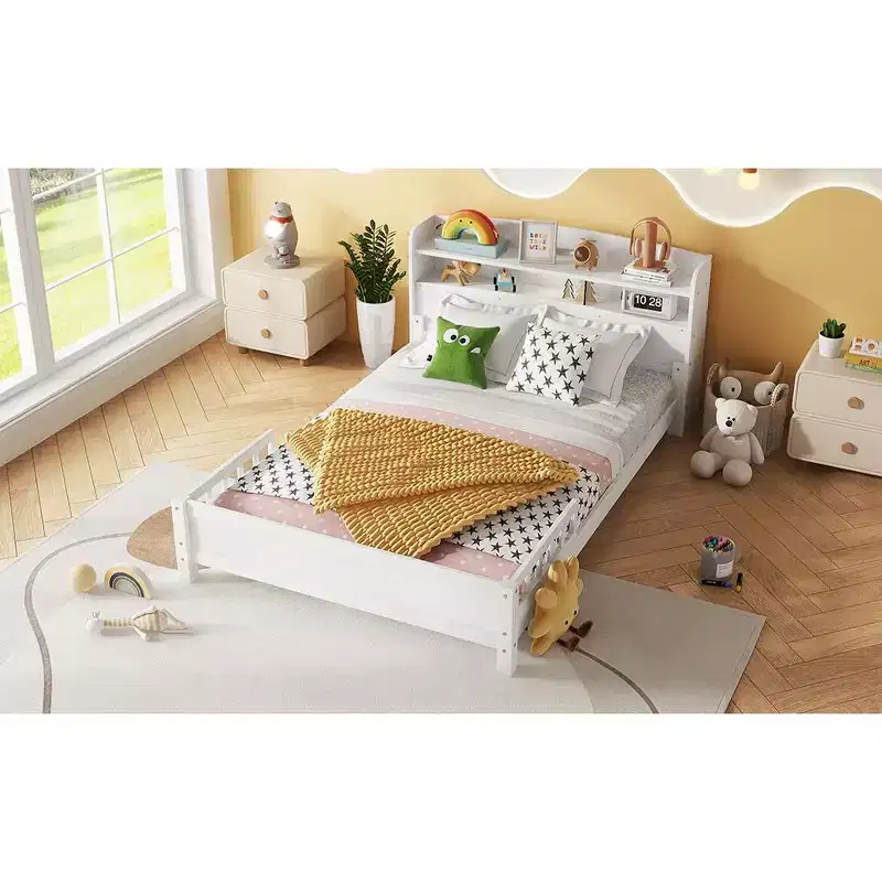 MAYEERTY Full Pine Wood Bed with Bookcase Headboard, Safety Guardrails White