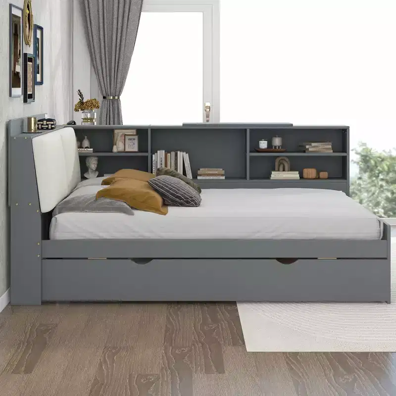 Full Size Platform Bed with Storage Headboard, Shelves and Trundle
