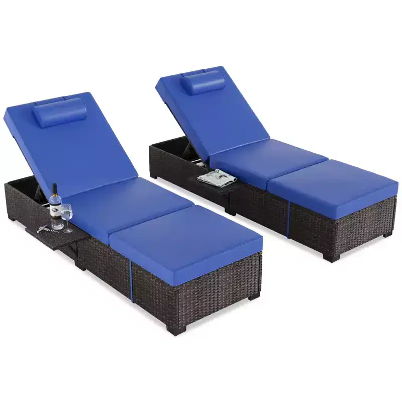 Outdoor Patio Rattan Chaise Lounge, Reclining Adjustable Pool Chaise Lounge Chair with Cushion, PE Wicker, Sunbathing Chair for Beach, Yard, Set of 2