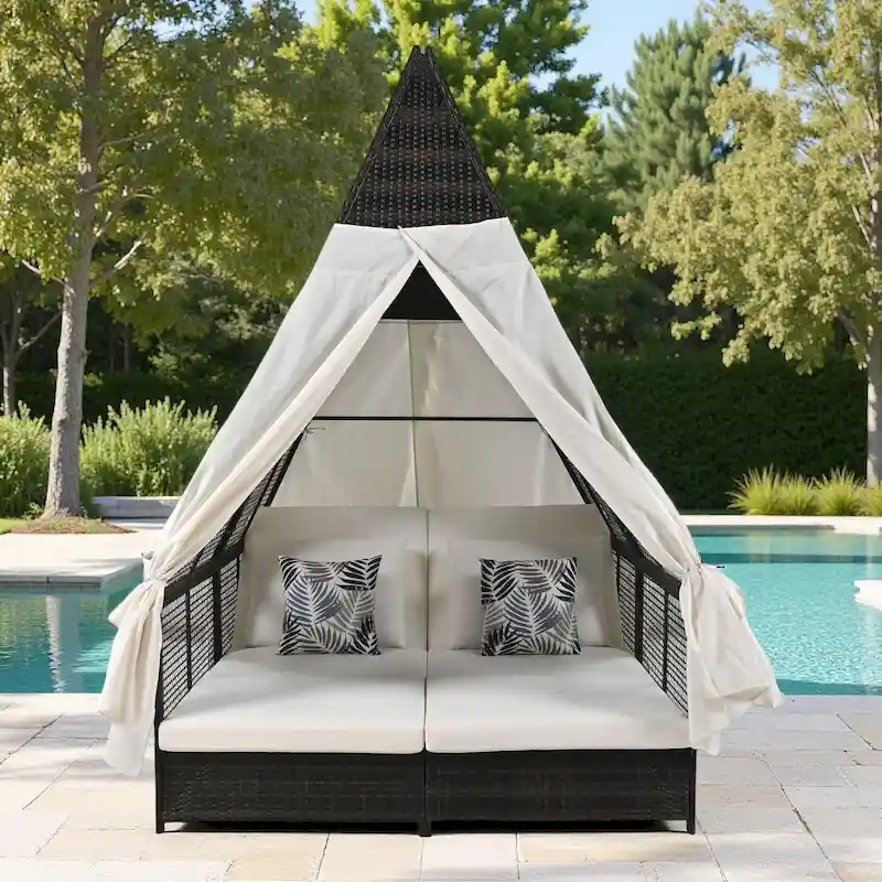 Outdoor Patio Rattan Daybed Sunbed with Triangle Tent, Adjustable Backrest, and Curtains