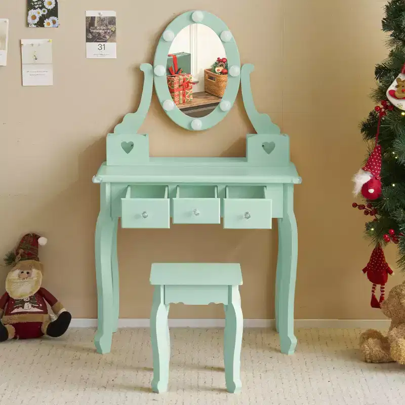 Kids Vanity Set with Mirror, 5 Storage Drawers, Pretend Play Princess Makeup Desk Dressing Table and Stool Set for Little Girls Age 3+, Macaroon Green