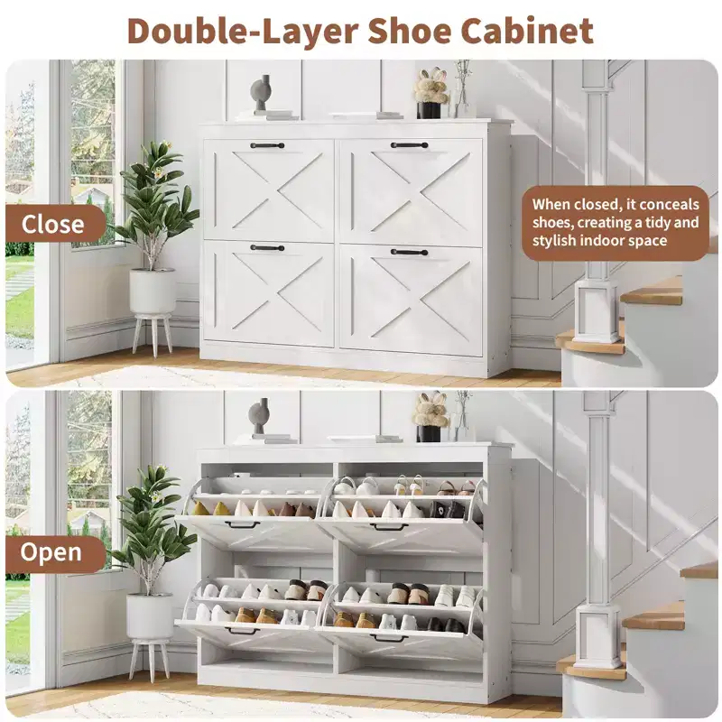Shoe Storage Cabinet with 4 Flip Drawers, Hidden Wide Shoe Storage Organizer Cabinet, Simple and Elegant, Freestanding Wood Shoe Rack Cabinet