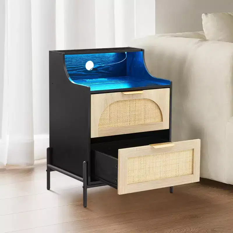 COZONY 2-Drawer Rattan Nightstand w/ Charging Station & LED Lights for Bedroom & Living Room