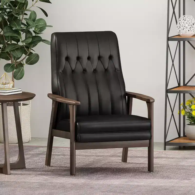 Mid Century Faux Leather Upholstered Accent Chair, Modern High Back Armchair, Leisure Wood Club Chair