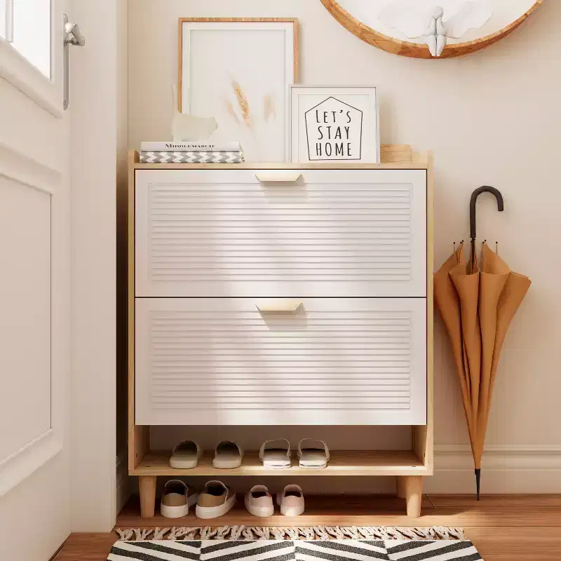Nordic Style Shoe Storage Cabinet with 2 Flip Drawers Freestanding Organizer with Solid Wood Legs for Entryway White and Solid Wood