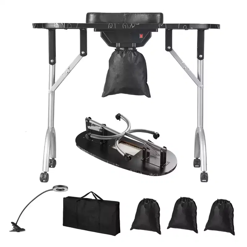 Portable Foldable Manicure Table with Electric Dust Collector LED Lamp and 4 Wheels Black