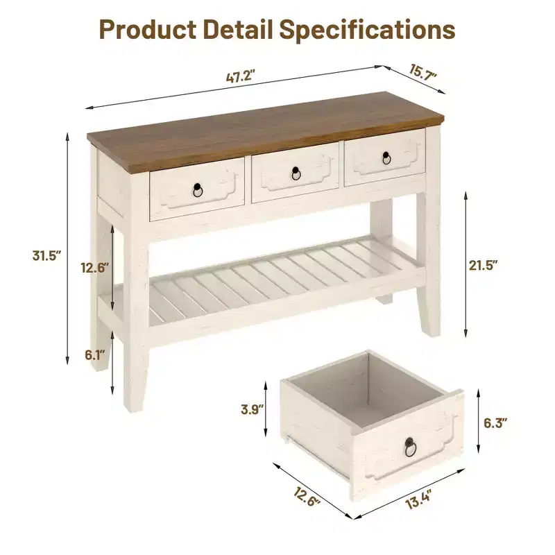 Farmhouse Rustic 47 Console Table with Drawers  Solid Wood Legs Entryway Table with Bottom Shelf  Easy Assembly for Living Room, Foyer, Entrance