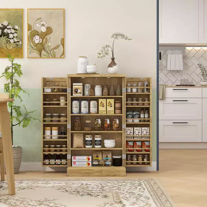 Freestanding Kitchen Pantry, Kitchen Storage Cabinet with 5-Tier Shelf, 12 Spice Racks, Adjustable Shelves