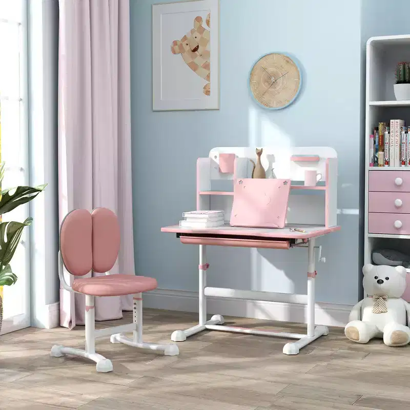 Whisen Kids Desk Set, Adjustable Kids and Ergonomic Study Desk and Chair Set with Tilting Tabletop - Pink