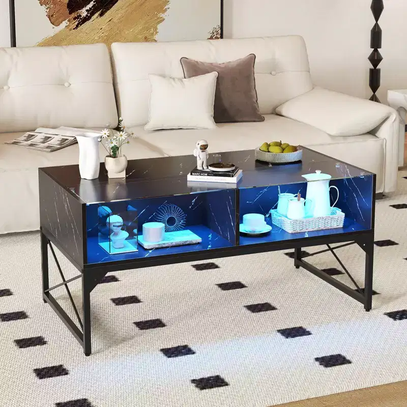 LED Coffee Table with 4 Storage Cubes, Faux Marble & Tempered Glass Top, Black