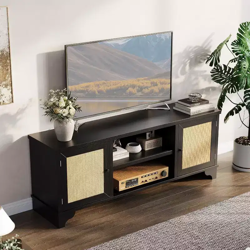 Rattan TV Stand Fits TVs Up to 70, Entertainment Center with 2 Cabinets and Open Shelves, Wooden Media Console Table for Living Room