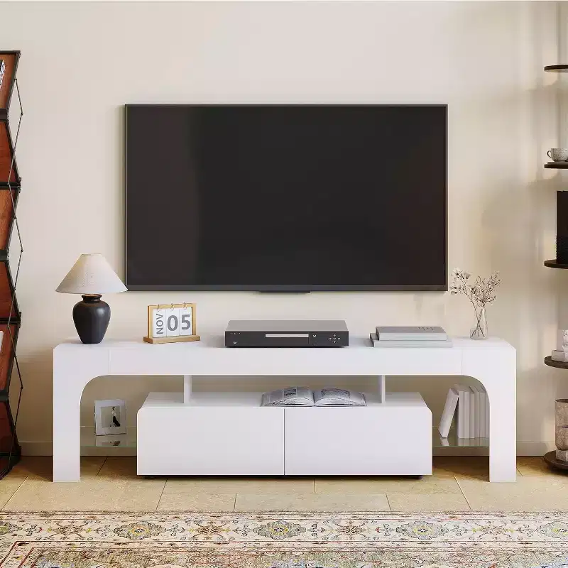 TV Stand with LED Lights, Modern Entertainment Center Media with 2 Drawer & Open Shelf Console Table Storage Desk Up to 70 in TV for Living Room