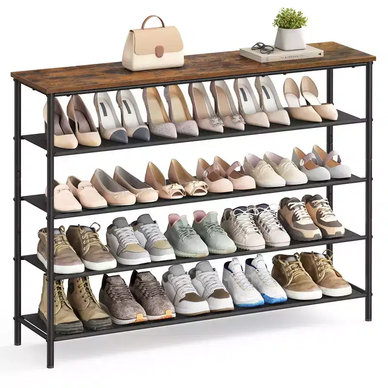 4-Shelf Shoe Rack for 20 Pairs, Steel Frame with Fabric Shelves, Rustic Brown and Black