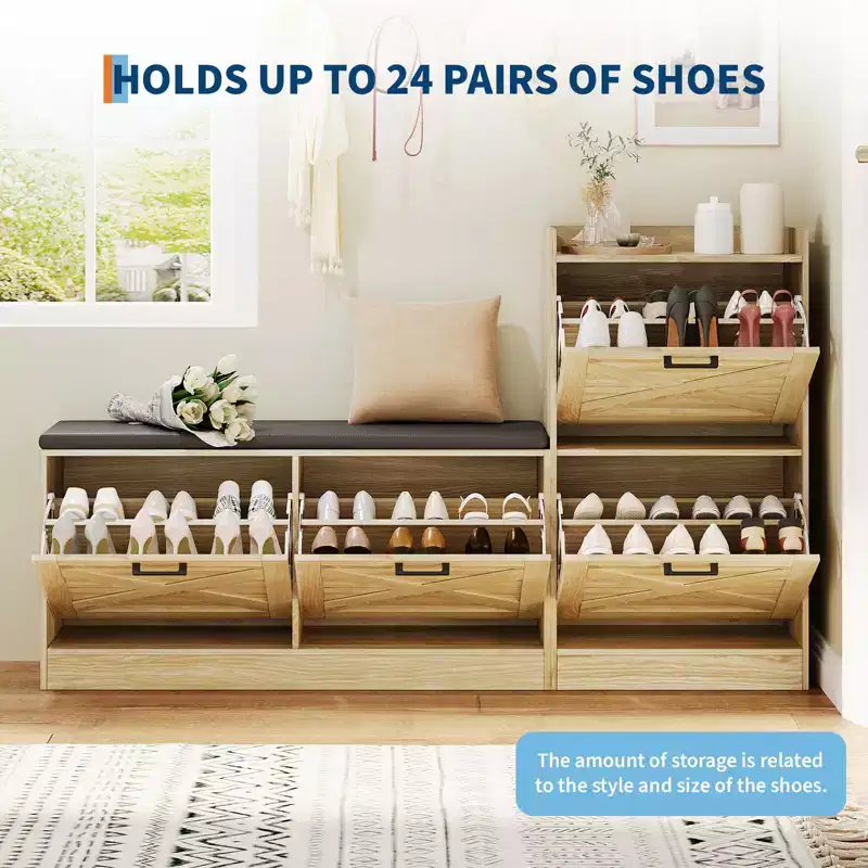 Entryway Bench and Shoe Cabinet with 4 Flip Drawers for Organized Storage for Foyer, Hallway, Living Room