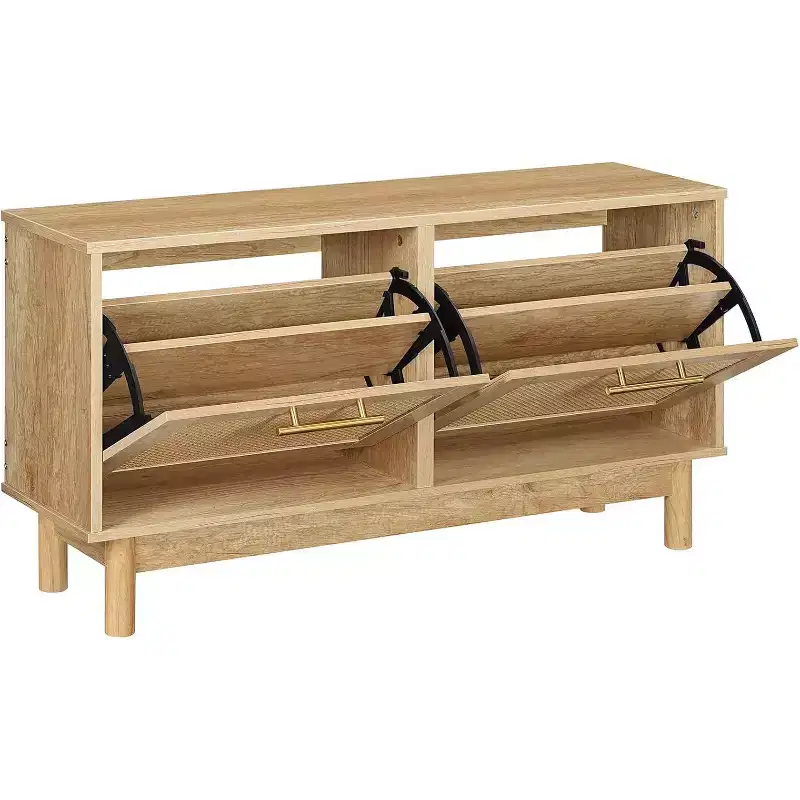 ALUCSET Rattan Shoe Storage Bench, 39.4 Entryway Bench with 2 Flip Drawers, Hidden Shoe Cabinet, Adjustable Shelves, 300lb Capacity