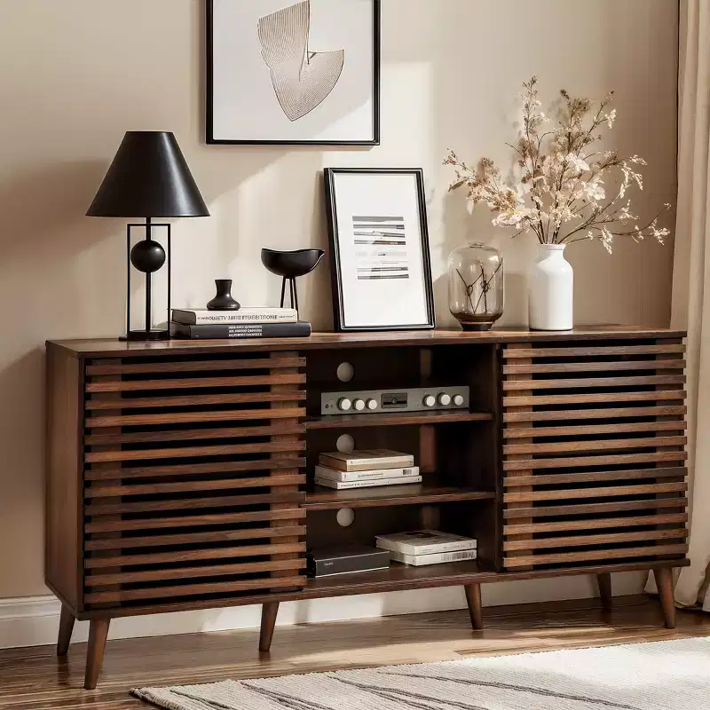 Subrtex Solid Wood TV Stand for TVs Up to 60 With Double Sliding Doors And Storage