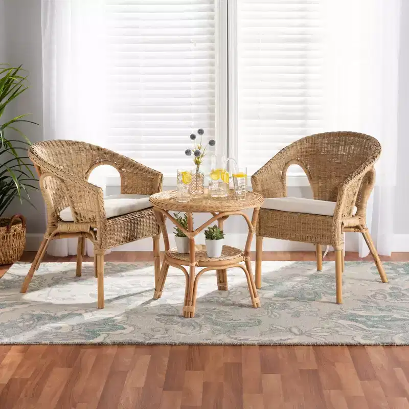 Abbey Modern Bohemian Natural Brown Antique Rattan 3-Piece Living Room Set
