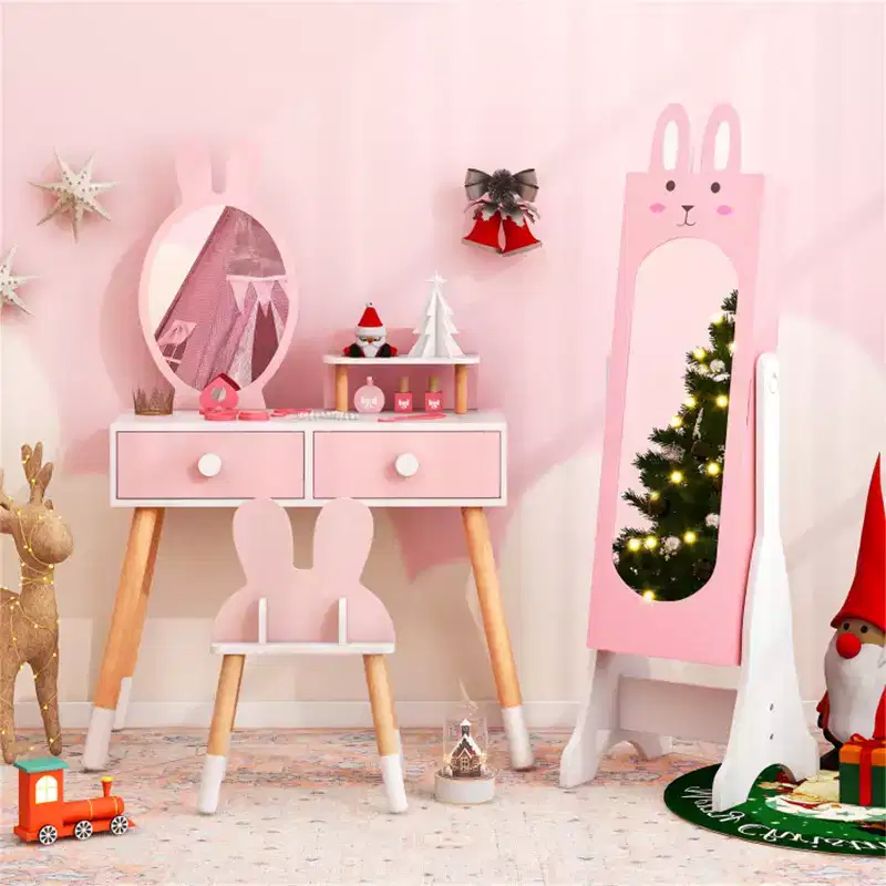 Kids Pink Vanity Set Princess Makeup Dressing Table And Chair Set With Jewelry Armoire