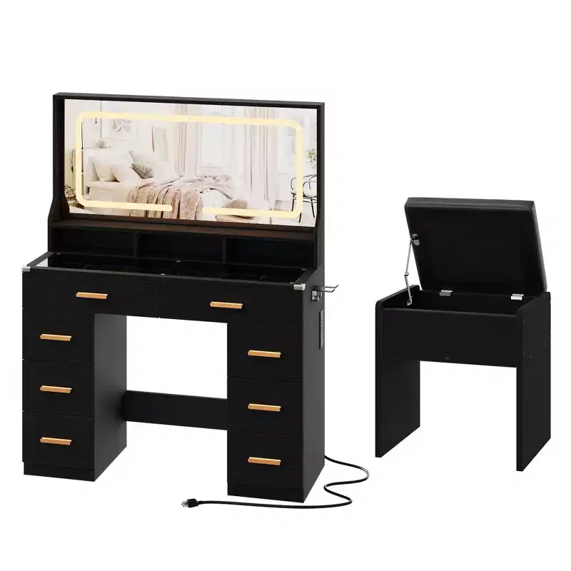 Acekool 42 Glass Top Makeup Vanity Desk with Mirror, 8 Drawers & Stool for Bedroom