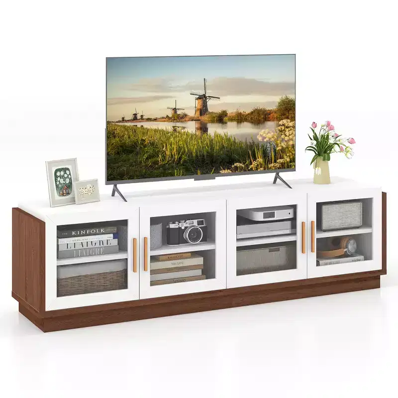 Large TV Stand for TVs up to 75 Inches with 4 Tempered Glass Doors