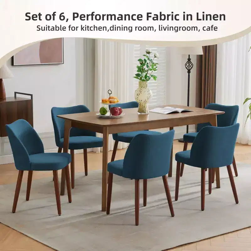 Set of 6 Modern Wing Back Dining Chairs, Linen Upholstered High Back Wood Legs, Thick Cushions Space-Saving Kitchen
