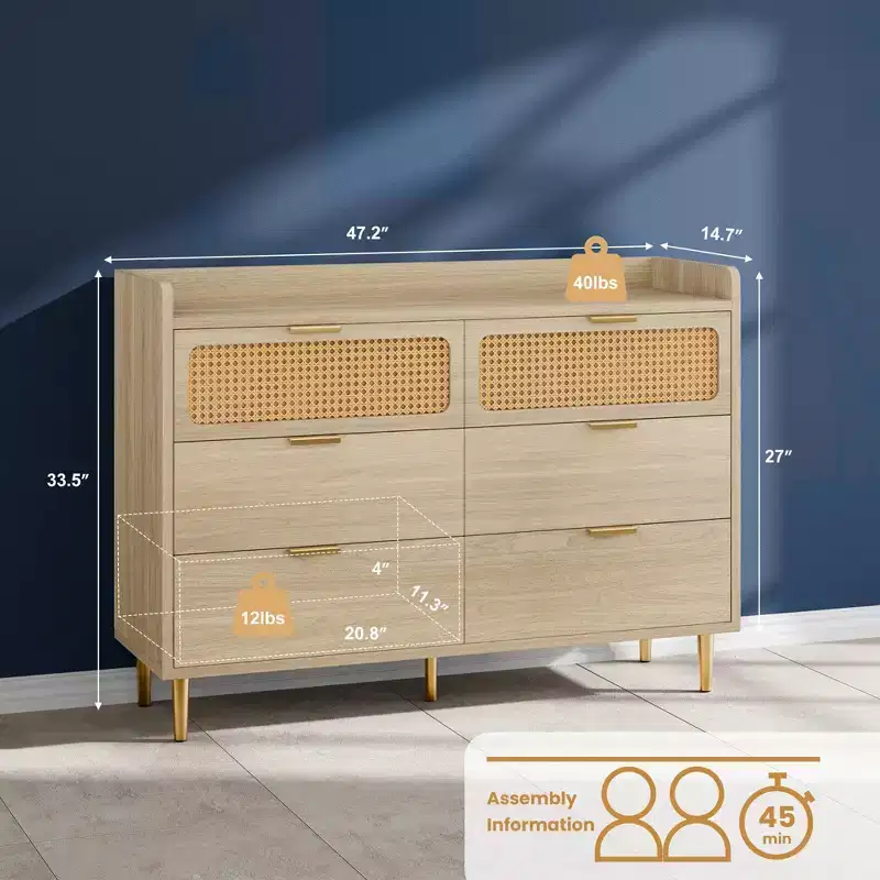 6 Drawer Double Dresser, Rattan Chest of Dressers for Bedroom, Drawer Dresser with Railed Edge, Beside Table for Living Room-Light Oak