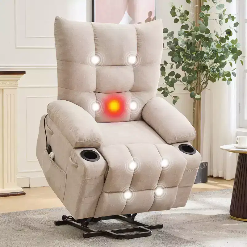Power Lift Recliner Chair, Electric Massage & Heat Recliner with 45 Assist Stand, with Soft Padded Upholstery, Side Pocket & Cup Holders