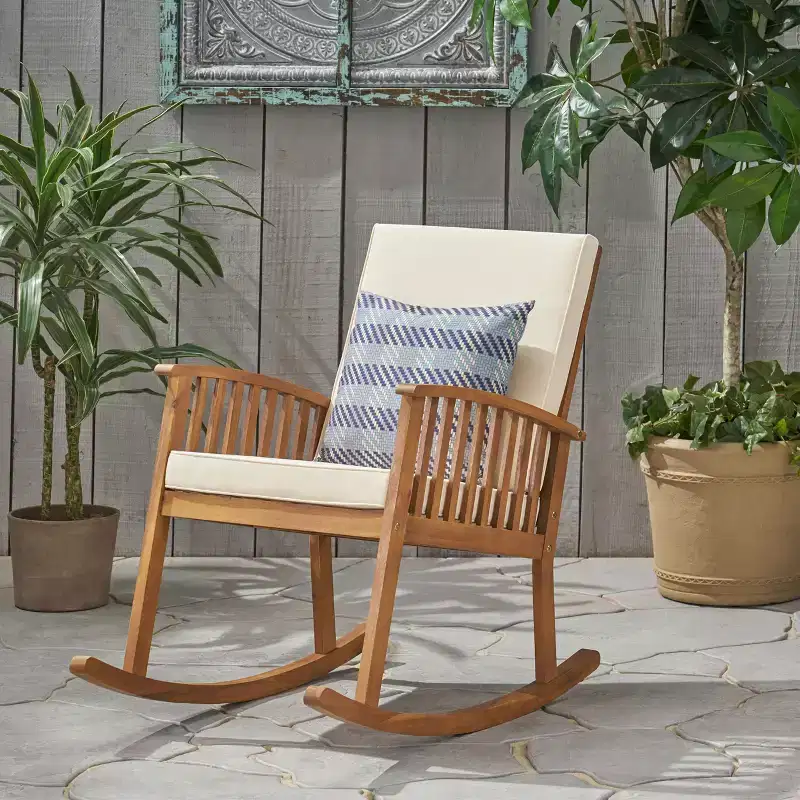 Patio Wooden Rocking Chair, Outdoor Accent Seat, Acacia Wood Rockers, Garden Porch Chairs with Cushion for Balcony -ModernLuxe