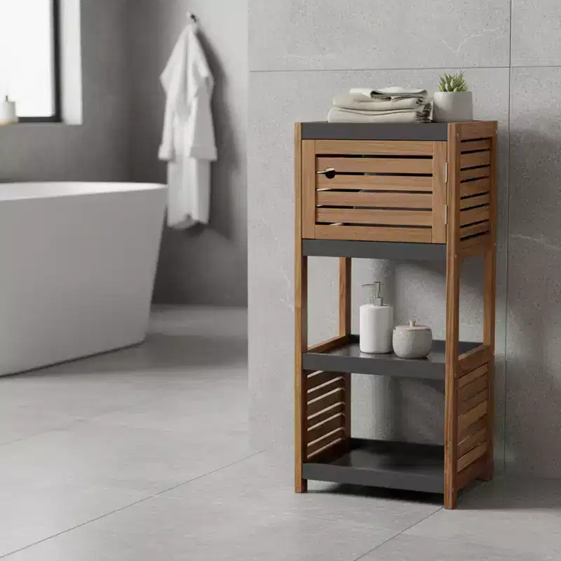 Evideco French Home Goods Bathroom Linen Storage Floor Cabinet Elements Acacia - Gray Wood
