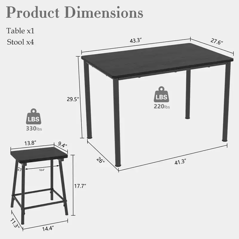 VECELO 5 Piece Dining Table & Chairs Set for 4, Kitchen Furniture MDF Board and Rectangular Metal Frame, Space-Saving, Black/Brown/Oak