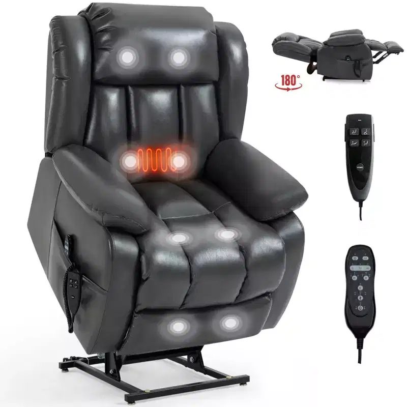 Gray Faux Leather Power Lift Recliner Chair with 8-Point Vibration Massage and Lumbar Heating for Living Room Apartment