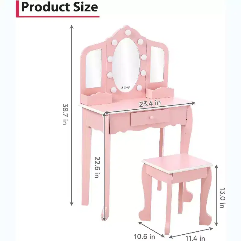 Kids Vanity Set with 3 Mirrors and Drawer, Makeup Play Table for Girls, Lights & Wooden Makeup Playset