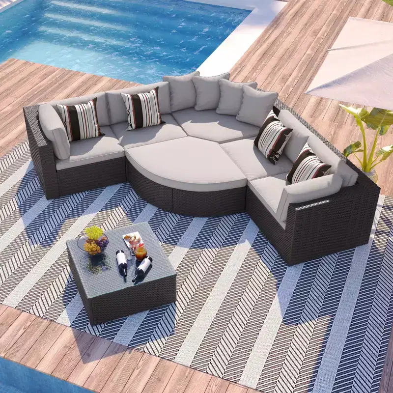 7-Piece Outdoor Patio Wicker Conversation Sofa Set With Colorful Pillows and 1 Glass Table For Garden/Deck, Brown Wicker+Gray Cushion 4W - ModernLuxe