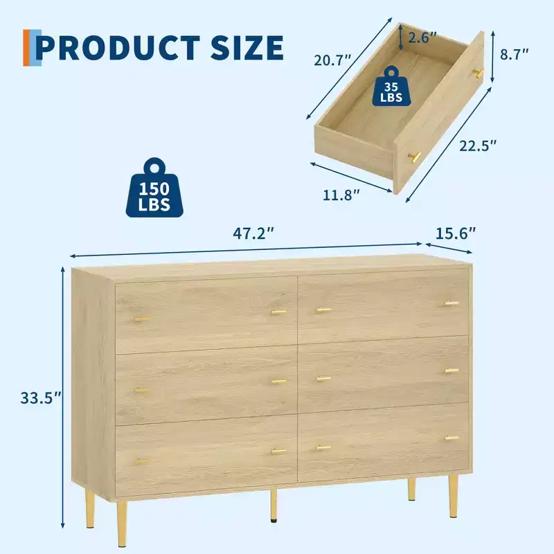 Farmhouse 6 Drawers Dresser for Bedroom,47.2 in Wide Dresser Wood Rustic Chest of Drawers with Large Drawers&Bar Handles,Drawer Organizer for Living