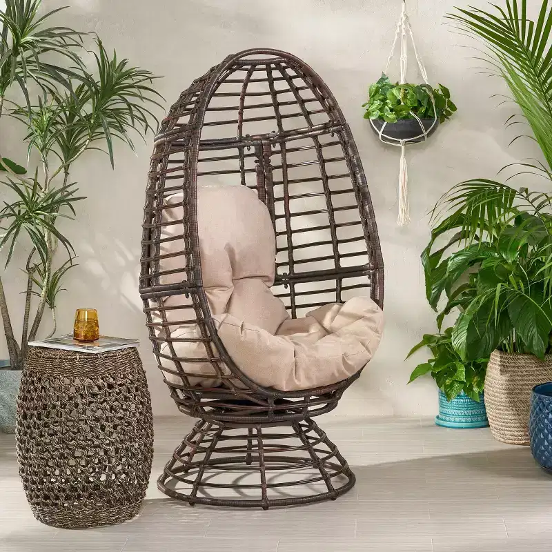 Okak Modern PE Wicker Patio Egg Chair Rattan Accent Chairs with Comfy Upholstery Outdoor&Indoor,Chic Accent Chair for Porch,Backyard&Garden,Brown