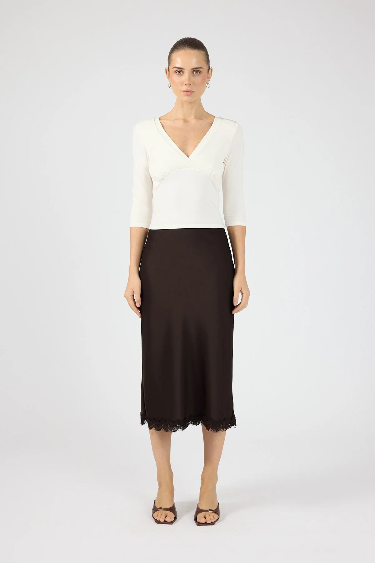 Satin Lace Midi Skirt Brown