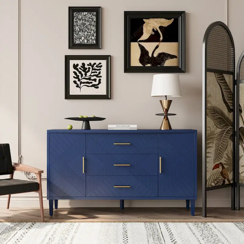 2-Door 3-Drawer Carved Sideboard Cabinet – Navy Blue / Blue, MDF, Curved Top