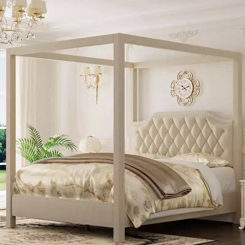Queen Size Canopy Bed Frame with Poles 4 Corner Bed Bracket, Solid Wood Slats Support, No Box Spring Needed, Noise Free