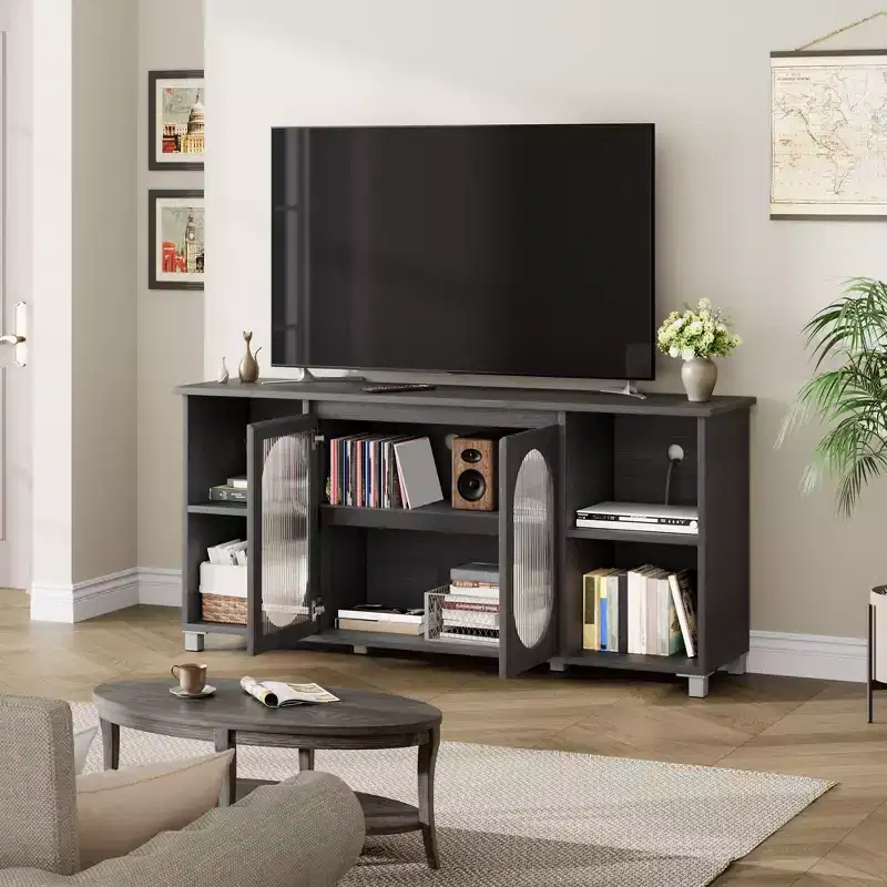 Modern TV Stand for 65 Inch, Black Entertainment Center with Storage Shelves & Glass Doors Wooden Media Console Cabinet for Living Room