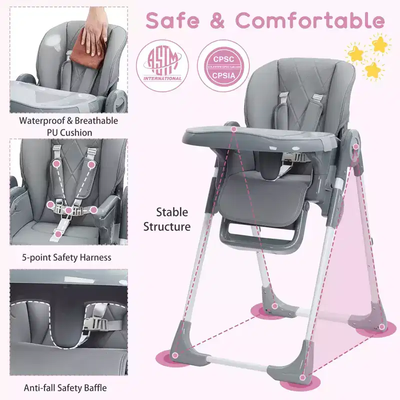 Baby High Chair,Foldable Infant Highchairs with Removable Tray,Adjustable Height and Recline,High Chair for Babies & Toddlers