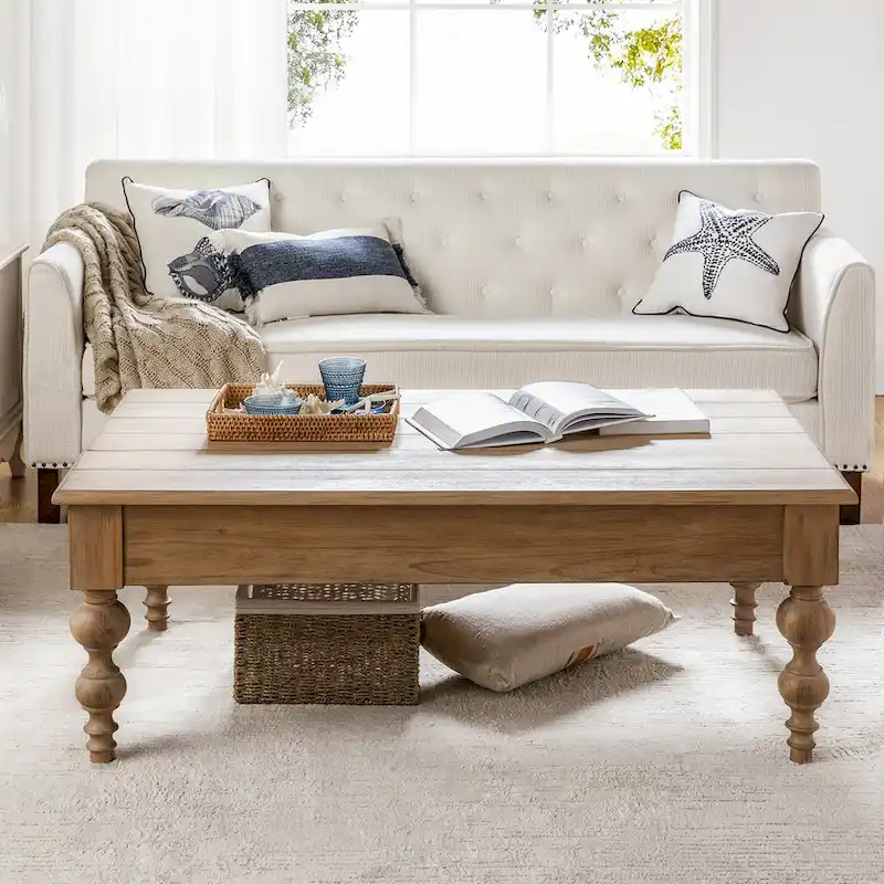 Traditional Lift-Top Coffee Table with Storage Shelf – Solid Rubberwood, Spindle Legs, Rustic Finish