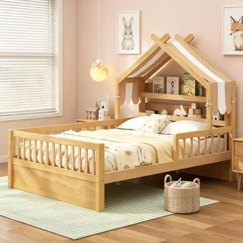 Full Size Wood House Bed Frame with Storage Headboard Shelf and Canopy for Kid's Room