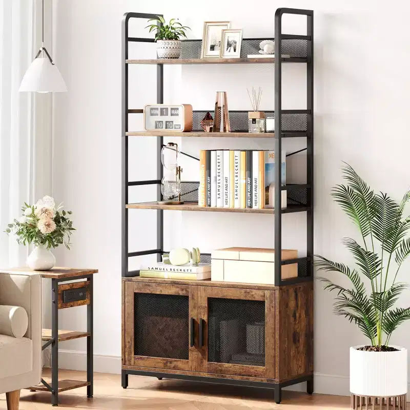 Bibliothque  Trois Couches en Bois de Fer et Grille de Fer avec Porte d'armoire - Bibliothque Industrielle  3 Niveaux - 180 x 80 x 30 cm