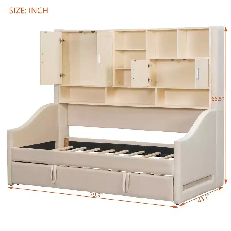 Luxystar Twin Size Upholstered Daybed with Storage Shelves, Cabinets, LED Lights and Pull-Out Lift-Up Trundle