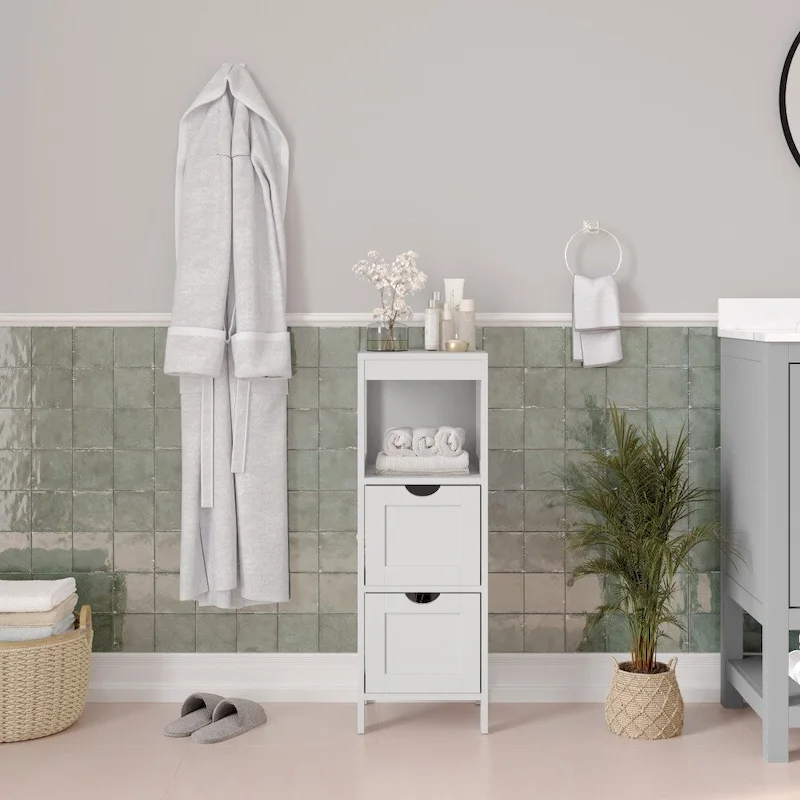 Floor Cabinet Storage Organizer with 2 Drawers, Open Shelf, and Foot Pads