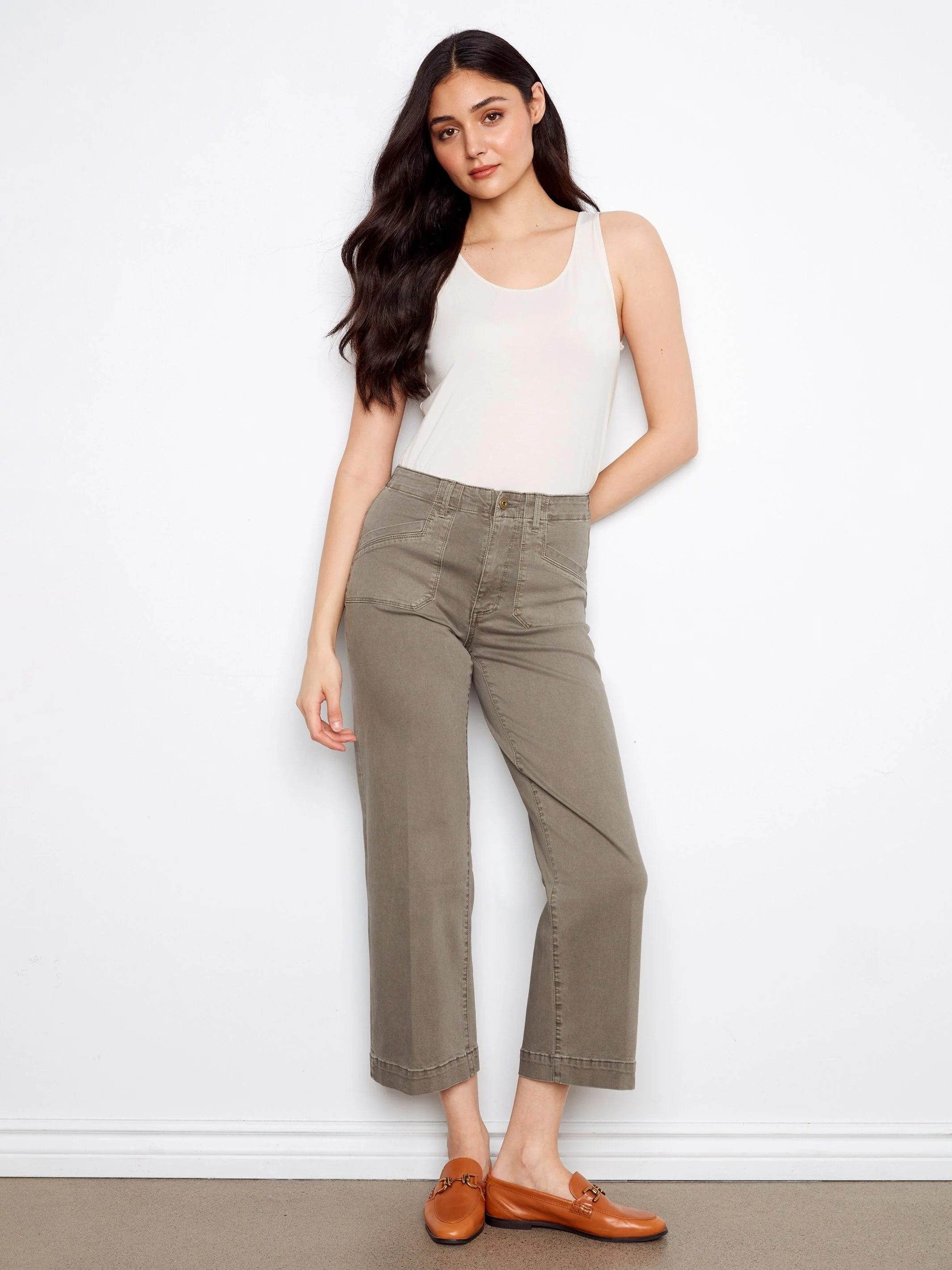 Cropped Wide Leg Stretch Twill Jeans - Sage