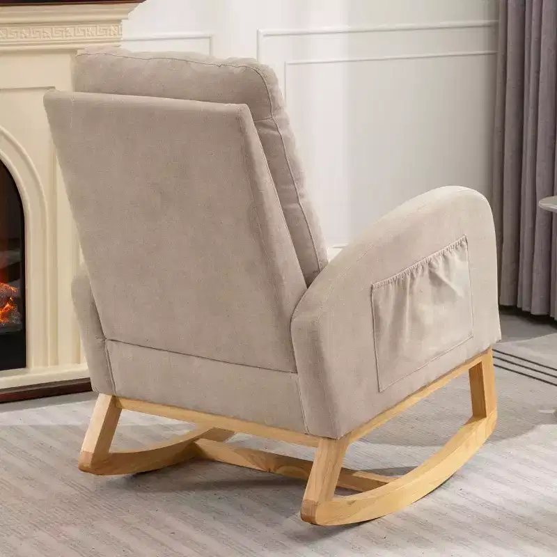 Accent Rocking Chair With Footrest, Modern High Back Lounge Chair Wood Rocking Legs, Leisure Rocking Recliner For Home Living Room Bedroom Office