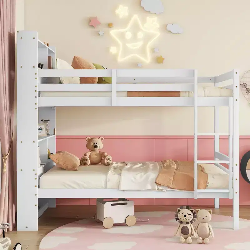 Twin Bunk Bed with Shelves, Headboard, Safety Guardrails and Ladder, Convertible to 2 Beds for Bedroom, White